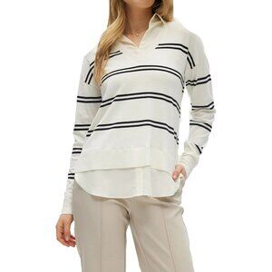 Hilary Radley Women's V-Neck Pullover Sweater Off-White & Black Stripe XXL, NEW